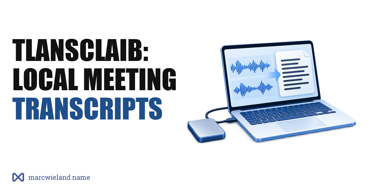 Laptop transcribing meeting audio locally, connected to an external drive